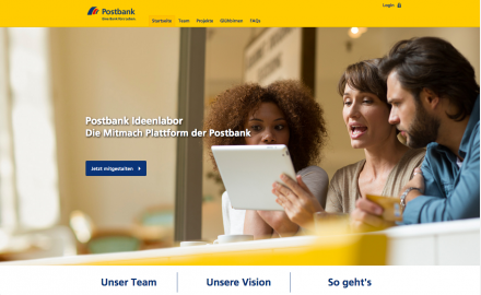 Das Postbank Ideenlabor basiert auf der innosabi crowd Software und ermöglicht es, dass neue Produkte oder Dienstleistungen der Bank in enger Zusammenarbeit mit den Kunden und deren Bedürfnissen entwickelt werden.